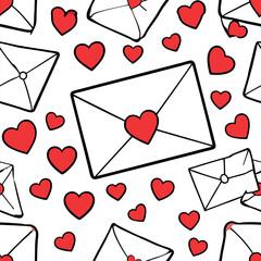 Hearts around the envelope. Bright romantic pattern. Flat design style. Vector graphic illustration.