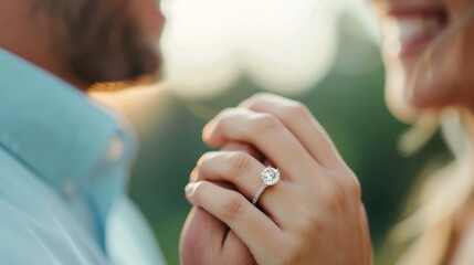 Fototapeta premium A tight shot of a woman's hand clutched to a man's, his finger adorned with a diamond ring In the backdrop, a man's face is