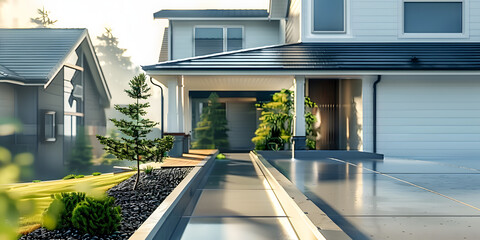 Fototapeta premium Newly Installed Gutter Downspout in Modern Home Professional Photo with Copy Space and Selective Focus. Concept Home improvement, Rain gutter, Downspout, Modern architecture, Copy space