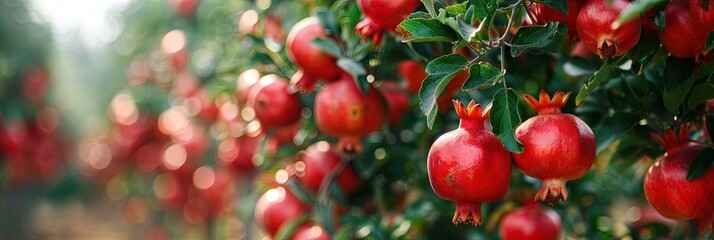 Obraz premium Pomegranate orchard with fresh red pomegranate fruits growing and ready to harvest
