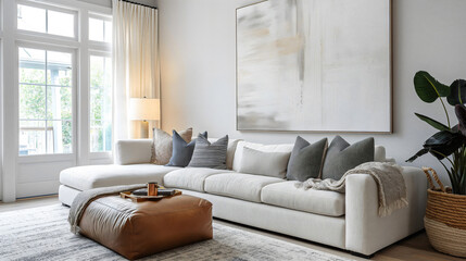 Cozy living room interion with couch, pants and canvas on the wall, living room interior design loft style