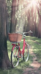 Fototapeta premium A red bicycle with a basket is parked near a tree trunk in a park during the autumn season, surrounded by fallen leaves and green grass