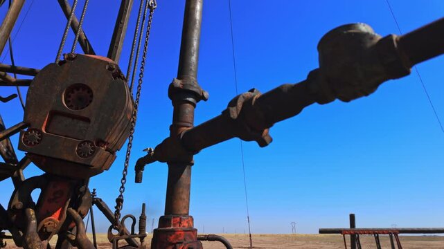 Metal rusty equipment at the boring site for oil production. High derrick for drilling process in the desert. Low angle view.