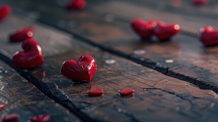 Love themed composition with red hearts on wooden surface