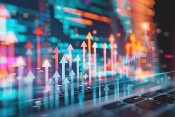 A digital arrow graph with upward arrows on the laptop screen, representing business growth and success in online marketing or social media advertising Generative AI
