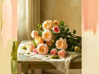 a vase of painting of a bouquet of roses on a table