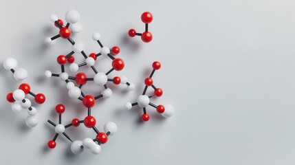 Glucose molecule on light grey background with space for text Model of chemical structure