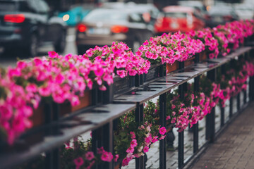 a kind of pink flowers after rain, is blooming on the city street. Colorful flower blossom long road.  vibrant petunia flowers bloom. flowers stand against a blurred urban street  background with cars
