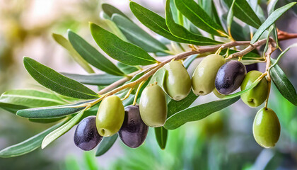 Beautiful sunlit olive branch with ripe olives in a golden hour setting, showcasing nature's bounty