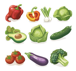 Drawings of vegetables, food icons, set of 16 pieces, vector collection.Set of hand-drawn, cartoon vegetables. Vector illustration, Vegetables and fruits, beetroot and broccoli, tomato and aubergine