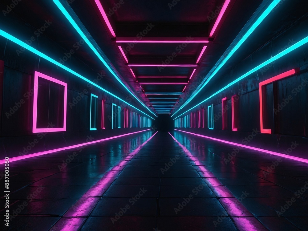 Poster Geometric neon light shapes illuminate a dark 3D-rendered tunnel