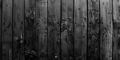 A close-up view of a weathered wooden fence with vertical boards and horizontal rails, in black and white