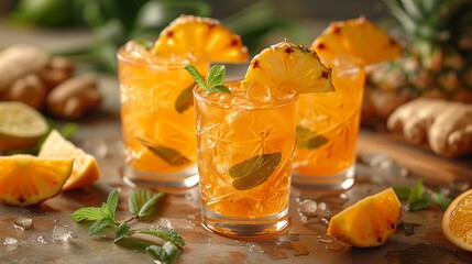 Three glasses of citrusy summer drinks with pineapple slices, ice, and mint leaves on a table with fresh fruit and ginger.