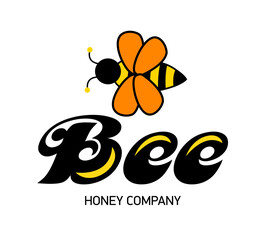 Obraz premium Merry bee. Logo for honey producer company. Cute striped cartoon abstract bee flying. Vector illustration in flat style.