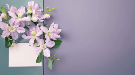 A white and pink flower bouquet is lying on a purple velvet background with a blank card next to it. The bouquet is tied with a white ribbon and includes white roses, pink alstroemeria, and greenery