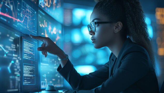 Black female cyber security analyst analysing AI cyberspace threats on computer in dark tech office data centre. Blue lighting. African american IT specialist ethical hacking
