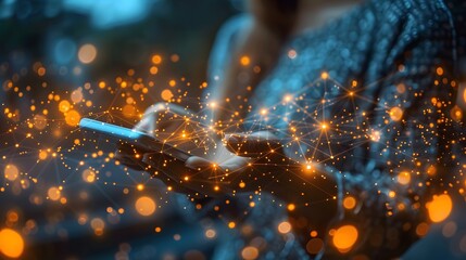 Person using a smartphone with glowing digital data network overlay in the foreground.