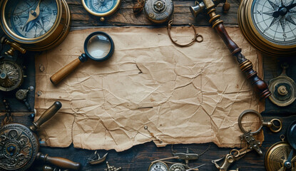 Fototapeta premium Pirate artifacts laid out on old paper on the captain's desk, illustrating an adventure and travel theme, featuring a vintage compass, magnifying glass, and other pirate equipment and accessories