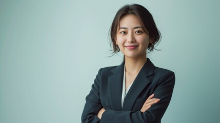 Professional Young Japanese Businesswoman in Corporate Attire with Friendly Smile, Ideal for Business Promotions and Career Advertisements