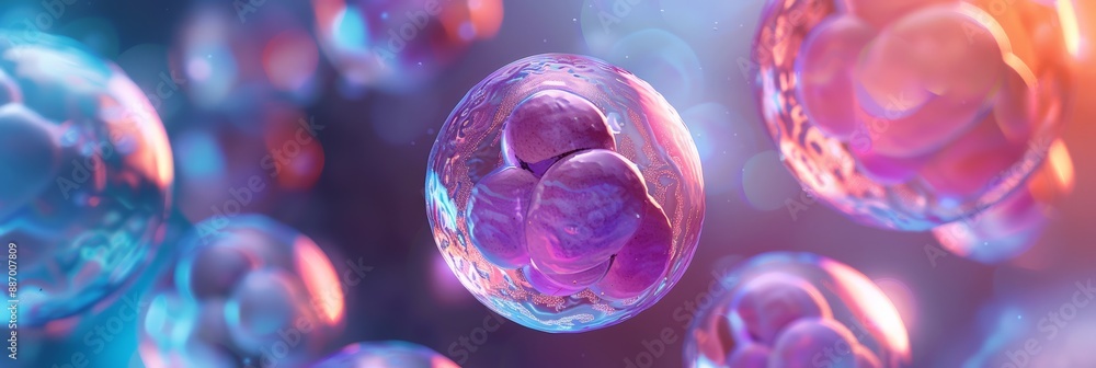Poster detailed view of dividing cells with colorful background highlighting cellular mitosis.
