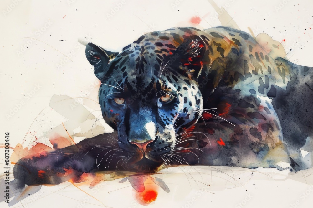 Poster a leopard resting on its side, depicted in a watercolor style