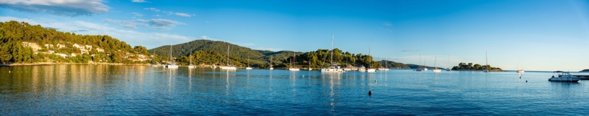 Panorama view of yachts moored on buoys near the shore in the bay of Uvala Gradina near the town of Vela Luka on the island of Korcula in Croatia