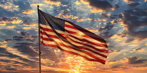 The Red, White, and Blue Banner: A crisp American flag billowing in the wind, against the backdrop of a patriotic sunrise or sunset.