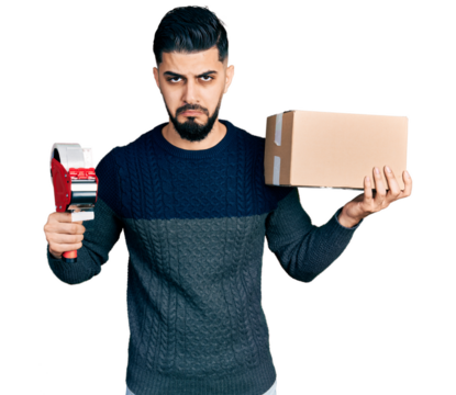 Young arab man with beard holding packing tape and cardboard box depressed and worry for distress, crying angry and afraid. sad expression.
