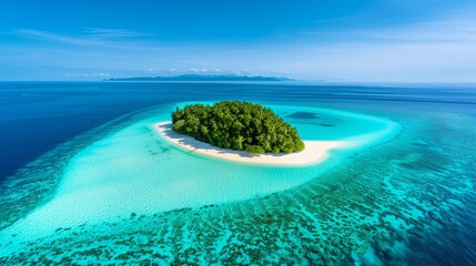 Tack-sharp drone photo of a small island, coral reef visible underwater, tropical paradise, high-resolution photo, realistic photo, cinematography