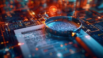 A detailed IT Security Risk Assessment concept depicted with a magnifying glass focused on a document within an abstract technological atmosphere, symbolizing scrutiny and protection.
