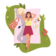 Vector illustration of a top view of a girl lying on a blanket. Cartoon scene of a smiling girl resting in nature, listening to music, plates with fruits and sandwiches isolated on a white background.