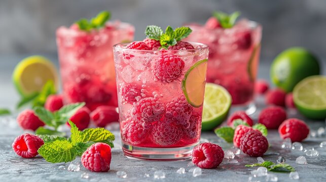 A glass of raspberry lime cocktail with mint garnishes sits on a gray surface surrounded by raspberries, lime wedges, and ice.