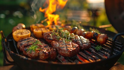 A sizzling summer barbecue scene featuring juicy meats and fresh vegetables being grilled to perfection on a smoky outdoor grill, ideal for a family dinner or a friendly gathering.
