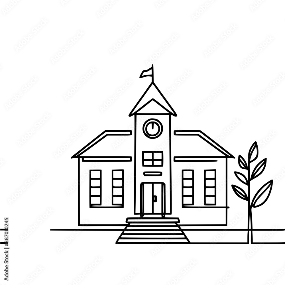 Poster simple one line vector drawing of a school building with flag, clock and one tree