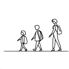 single line vector drawing of a woman and children, mother leads two children to school, children walk in front