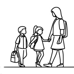single line vector drawing of woman and children, mom picking up son and daughter from school
