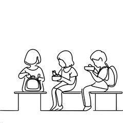 single line vector drawing, three children having lunch at school on chairs