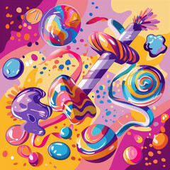 Naklejka premium A colorful painting of candy and lollipops with a skull in the middle