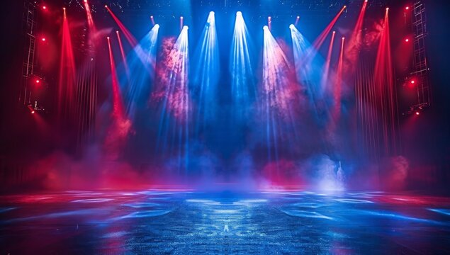 Illuminated stage with dramatic blue and red lighting and spotlights, ideal for performances or events presentation
