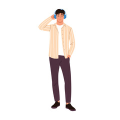 Vector illustration of a guy listening to music in blue headphones. Cartoon scene of a stylish guy in headphones, dressed in brown pants, a shirt 
and a white t-shirt isolated on a white background.