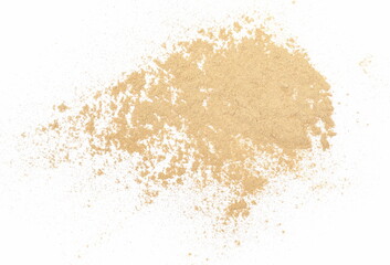 Black maca organic powder scattered isolated on white, top view