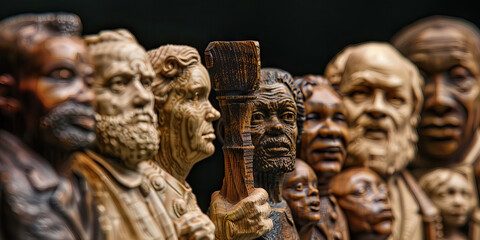 The Timeless Values of Republicanism: A row of people from different eras, each holding an object symbolizing their shared beliefs.