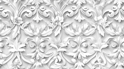 Fototapeta premium A close-up of a white, 3D floral pattern with swirling vines and intricate details SEAMLESS PATTERN