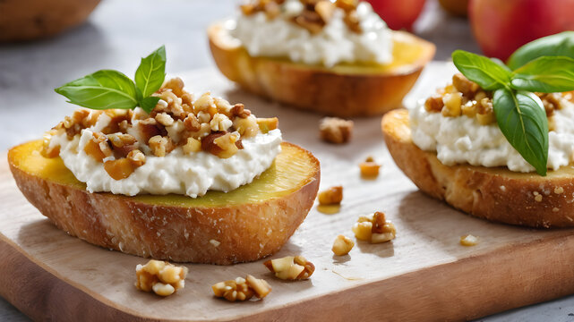 Appetizer bruschetta with pear, honey, walnut and cottage cheese on wooden board. Generative AI