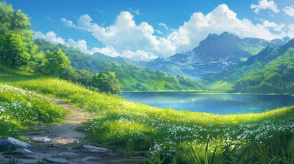 Fototapeta premium landscape, perfectly green hills, clear blue sky, and pristine lake