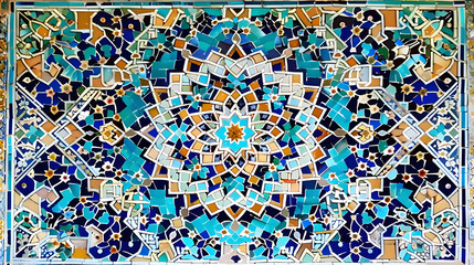 Traditional Persian mosaic wall with geometric ornament in square frame featuring ceramic tiles in blue cyan brown and white colors Mock up template for text