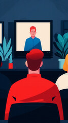 Group meeting with video conference setup, attendees facing screen displaying a speaker, modern workspace setting with plants.