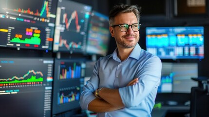 Male trader in glasses standing with crossed arms in the office against the background of monitors with charts