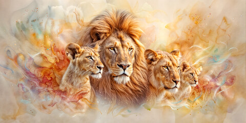 Majestic Lion Family Portrait in Vibrant Artistic Watercolor Art. World Lion day, banner