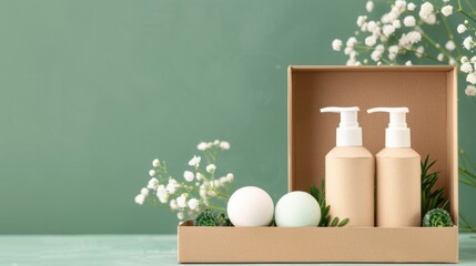 A sustainable cardboard box made from recycled materials. The box is designed to hold a set of organic beauty products, such as soaps, lotions, and bath bombs. The box features a minimalist design